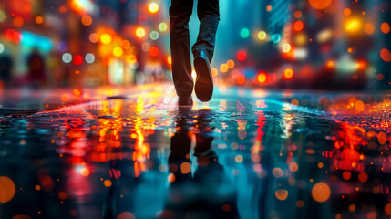 Dynamic and futuristic urban scene depicting the reflective journey of a solitary figure amidst vibrant neon city lights and rain-soaked streets