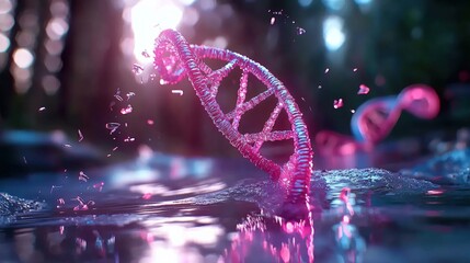 Dynamic dna helix splashing in water nature scene digital art vibrant colors close-up scientific innovation