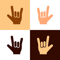 Human hand showing devil horns gesture, vector set icons in various colored skin