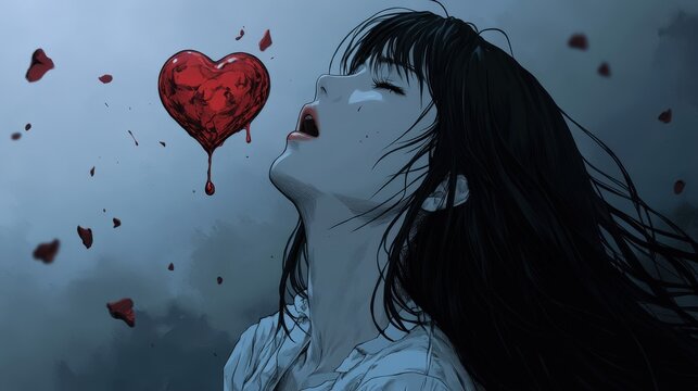 Heartfelt emotion a woman expresses love and pain with a red heart surrounded by petals