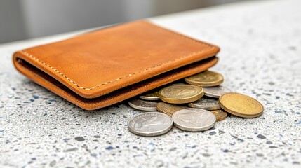 Brown Leather Wallet Overturned With Coins Spill on a Marble Surface within a Financial Context