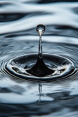 Close-up of a water droplet creating ripples on a dark surface.
