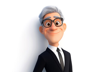 Friendly businessman cartoon character wearing a suit and glasses, smiling on a white background