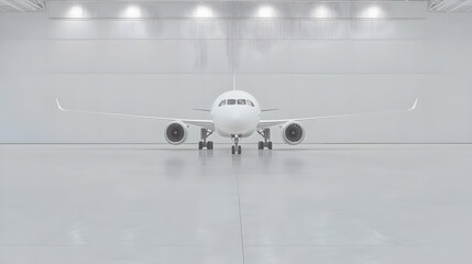 Fototapeta premium Airplane hangar, front view, white plane, clean background, travel industry
