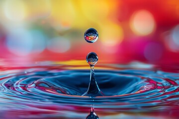 Colorful water drop splash with vibrant bokeh background.