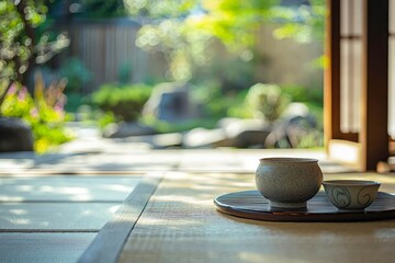 Traditional Japanese tea ceremony in serene garden.