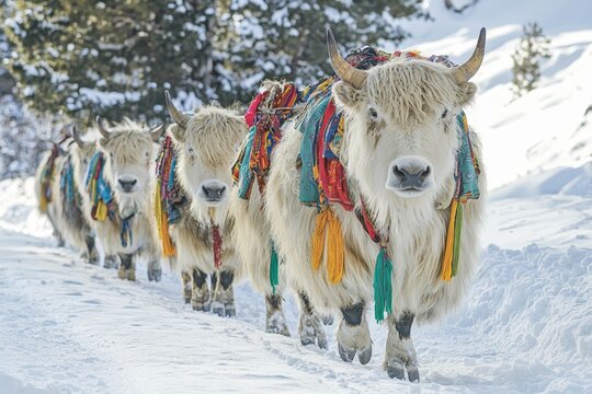 Tibetan yak herders in colorful robes trekking through snowy mountains.