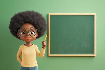 Cute girl student cartoon character pointing at empty blackboard with yellow chalk in classroom