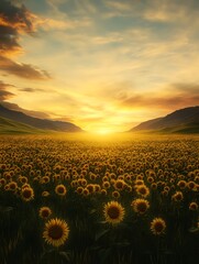 Obraz premium A breathtaking field of sunflowers stretches towards a vibrant sunset, creating a serene and picturesque landscape.