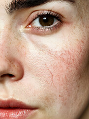 Obraz premium Close-up of young woman's face highlighting natural skin textures and expressive features during golden hour light