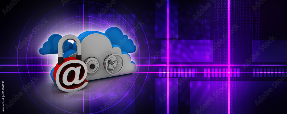 Poster 3d rendering e-mail symbol protection lock with cloud. internet security concept