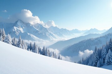 Fototapeta premium Soft white clouds float gently above a serene snowy landscape, snow, alpine scenery, whiteout