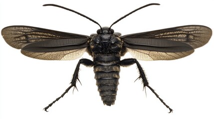 Fototapeta premium Detailed Macro Photograph of a Black Insect with Pronounced Antennae and Wings on a White Background
