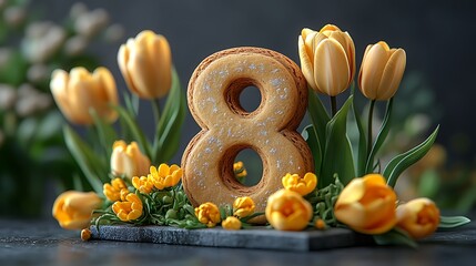  Number 8 Cookie with Yellow Tulips and Orange Flowers on a Dark Surface