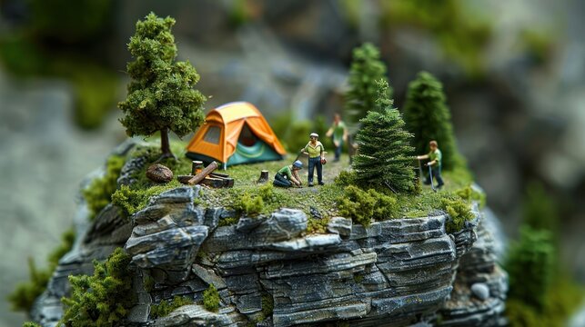 A miniature camping scene with figures, a tent, and trees on a rocky landscape.