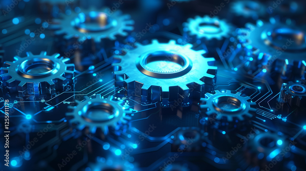 Wall mural advanced digital representation of blue gears and circuit lines in a high-tech engineering concept
