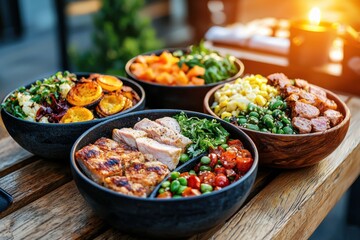 Wholesome dinner ideas served in rustic bowls under warm candlelight eye-level view realistic and inviting atmosphere