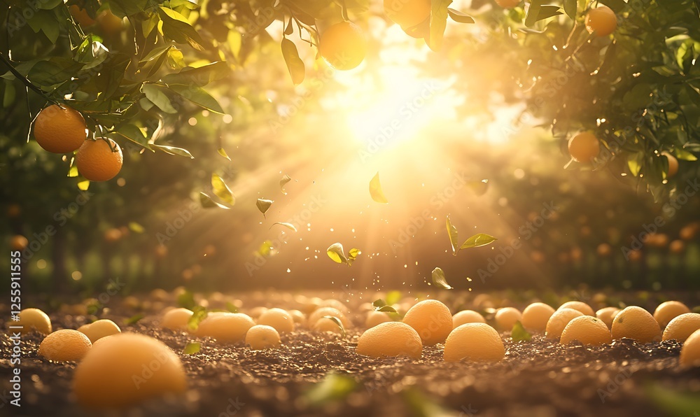 Poster a serene orchard scene with oranges scattered on the ground, illuminated by golden sunlight filterin