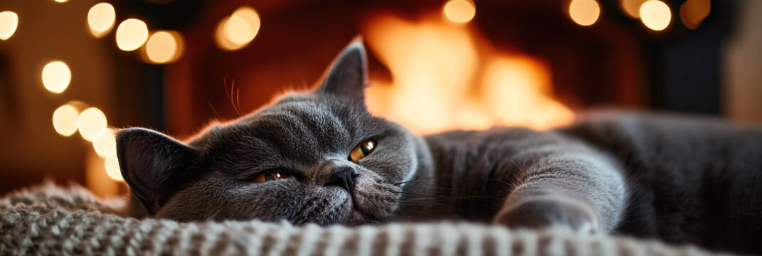 Grey British Shorthair Cat Resting on Blanket Near Fireplace