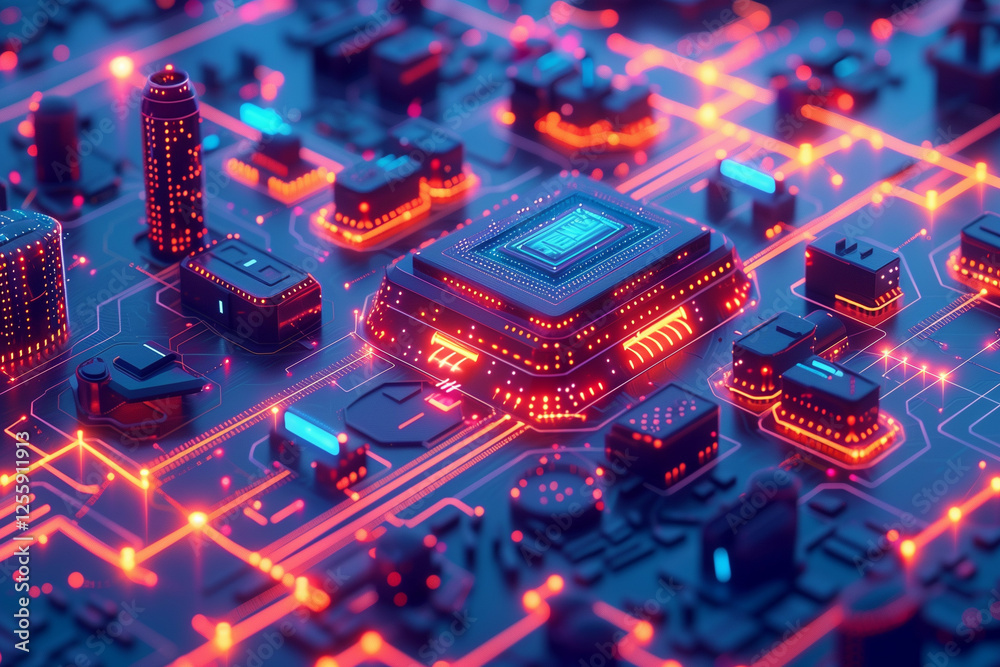 Canvas Prints intricate neon-lit futuristic cityscape with glowing circuitry and high-tech components