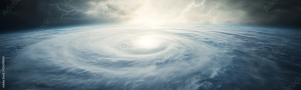 Poster a breathtaking view of swirling clouds and light, depicting a powerful storm system forming over the