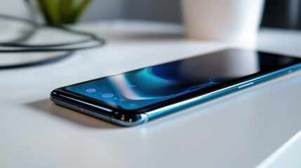 Sleek Smartphone Displaying an Abstract Wallpaper on a Modern Surface