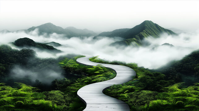 Winding path through lush mountains shrouded in mist, perfect for domestic travel and exploration