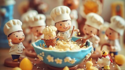 A whimsical scene featuring cheerful chef figurines preparing pasta in a large bowl.