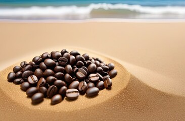 Coffee located on a hill on the sand by the sea. The rich, dark brown color of the beans highlights their roasted texture, highlighting the sheen of the oil on their surface.