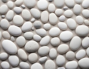 A serene arrangement of smooth white pebbles showcasing various shapes and textures on a neutral background.