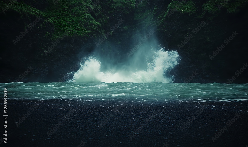 Poster a powerful wave crashes against the rocky shore, creating a misty spray in a serene, natural setting