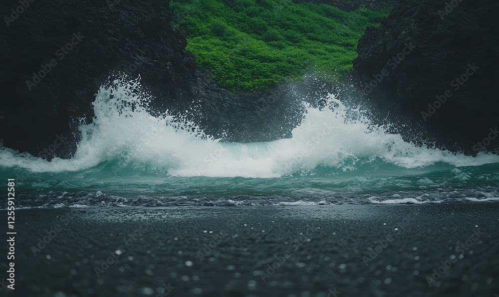 Poster a crashing wave surges onto a dark beach, framed by lush green cliffs, creating a serene yet powerfu