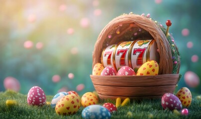 Easter basket containing slot machine jackpot 777 and decorated eggs, celebrating easter and casino wins