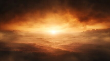 Fototapeta premium A breathtaking sunset illuminates the horizon, casting warm hues across a misty atmosphere, creating a serene and captivating scene.