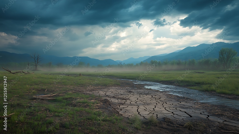 Aufkleber a serene landscape featuring misty mountains and a cloudy sky over a wet, muddy field, creating an a