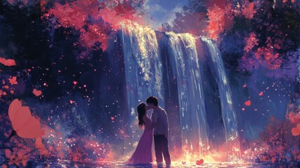 Romantic couple embracing in front of scenic waterfall with colorful surroundings at dusk