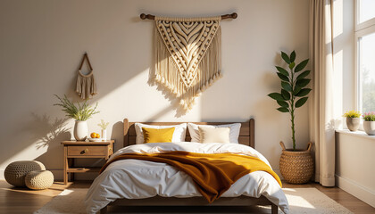 Boho chic bedroom design featuring warm accents, calm atmosphere