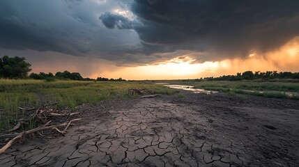 A dry landscape under a stormy sky, featuring cracked earth and a distant horizon illuminated by the setting sun.