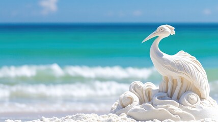 Intricate heron sand sculpture on pristine beach with turquoise waters