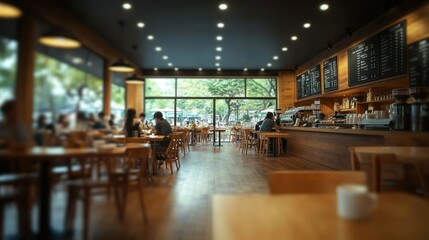 Busy cafe, city street view, people drinking coffee, wooden interior, relaxed atmosphere
