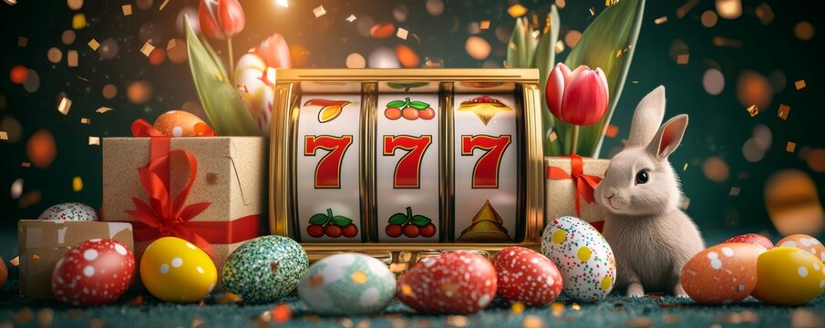 Easter themed online casino gambling concept with bunny, slot machine, colorful eggs and gifts