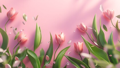  Pink Tulips with Green Leaves on Soft Pink Background with Falling Petals