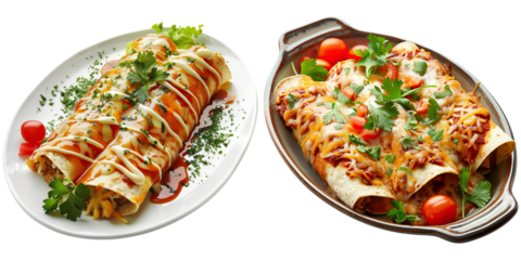 Two plates of enchiladas, one topped with cheese and garnished with herbs, the other in a baking dish with vibrant toppings.