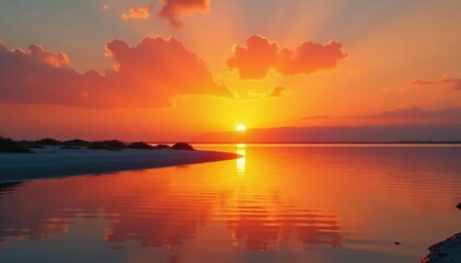 Warm orange hues reflected on calm waters of Salton Sea at sunset, sky, calm