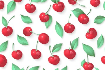 Vibrant Pattern of Delicious Cherries with Fresh Green Leaves on a White Background for Creative Projects and Designs