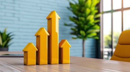 Golden Arrows Representing Growth and Success on a Modern Office Desk with Greenery Background