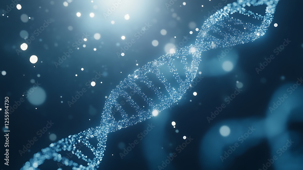 Poster a glowing dna strand with shimmering particles against a dark background, representing the essence o