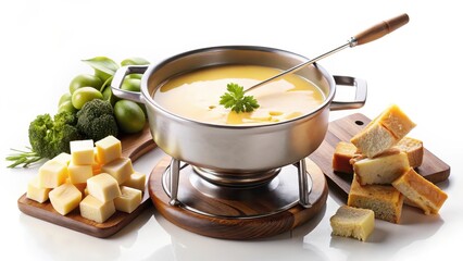 Cheese Fondue with Vegetables and Bread Cubes
