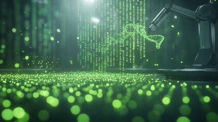 A futuristic scene depicting a robotic arm amidst green digital data streams and glowing particles, creating a high-tech atmosphere.