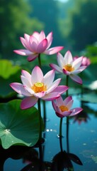Obraz premium Water droplets glistening on lotus flowers in a serene pond scene, flowers, blue sky